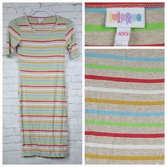 LuLaRoe Julia Dress Knit XXS Tan Striped Midi Knee Length Fitted Comfy Casual - Picture 9 of 9